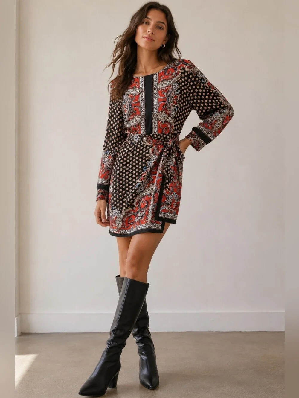 Zara Paisley Print Faux Wrap Mini Dress XS Boho Long Sleeve NWOT